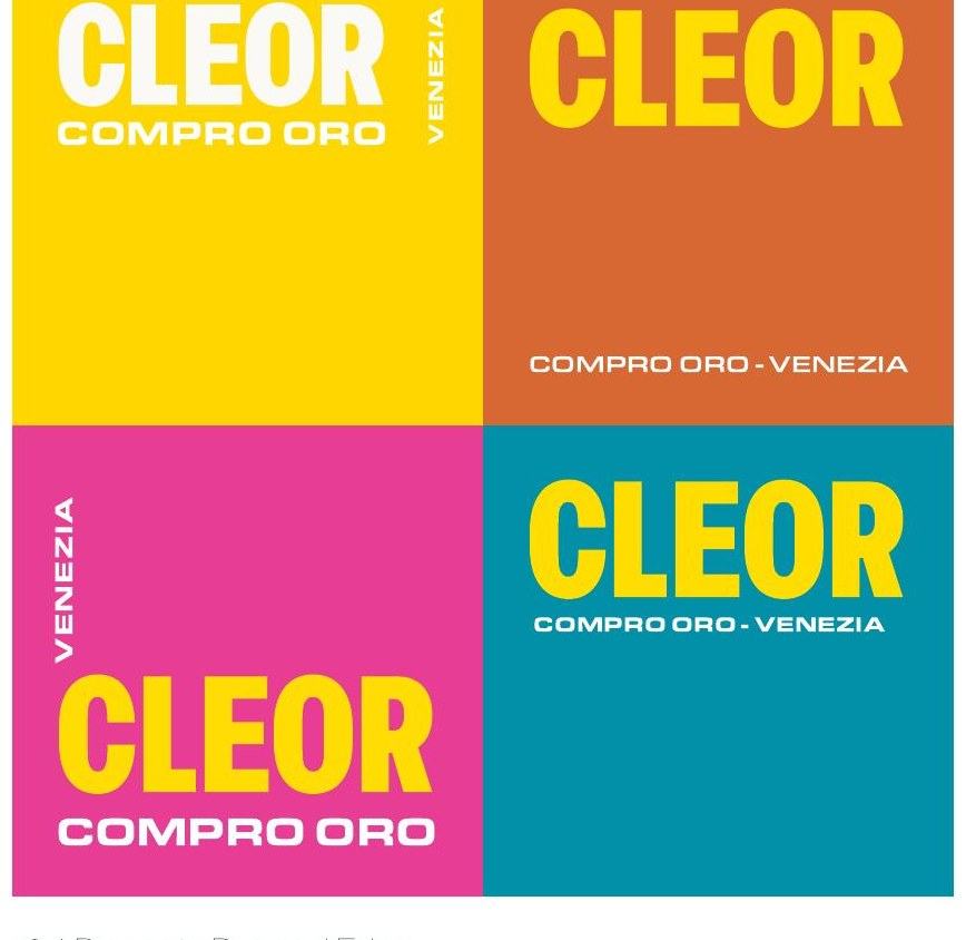 Proposta di logo Edge: quattro quadrati pieni giallo, arancio, fucsia e verde acqua con CLEOR e il nome della citt&agrave;
