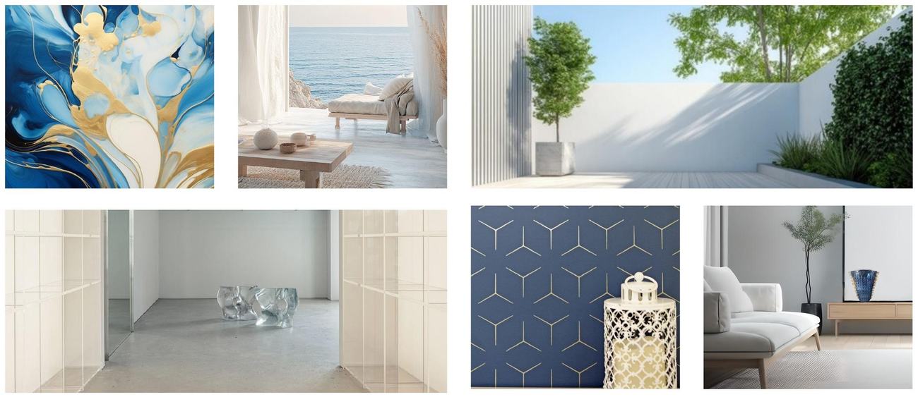 Moodboard della proposta Aureo: interni chiari, marmi, tessuti crema, geometrie dorate su fondo navy