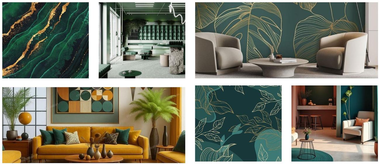 Moodboard della proposta Ornus: verdi bottiglia, ottone, arredi di lusso, decori floreali dorati