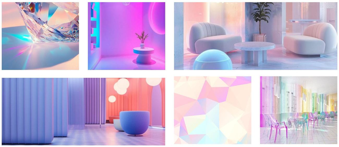 Moodboard della proposta Prisma: gradienti pastello, vetri iridescenti, arredi morbidi lilla e azzurri
