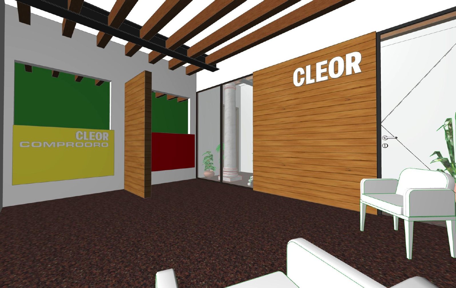 La zona d&rsquo;attesa con sedute e parete in legno con il logo Cleor